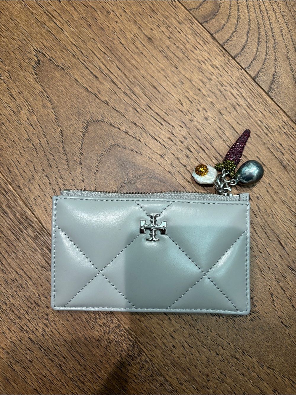 Tory Burch Quilted Leather Zip Card Case - Light Gray with Decorative Charm